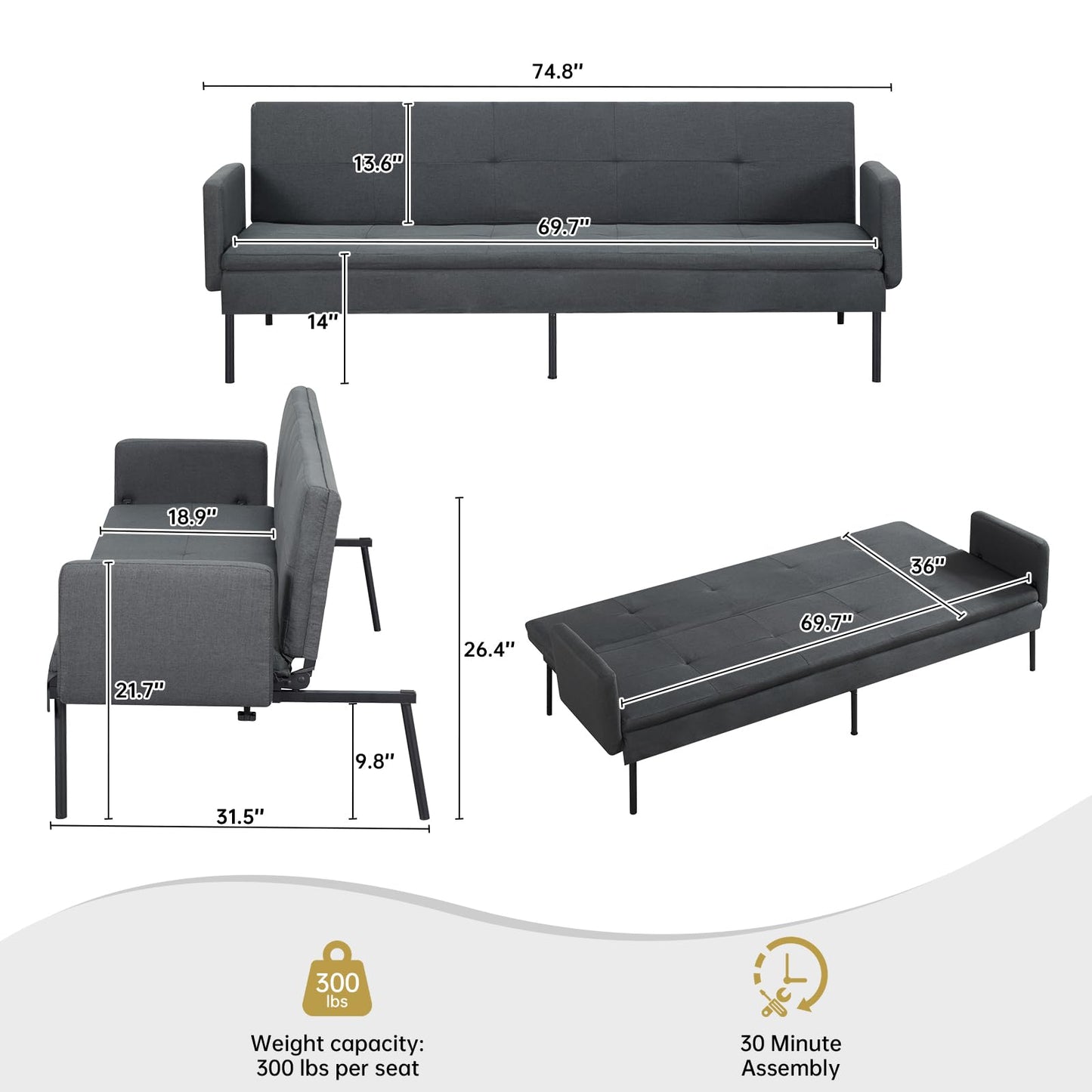 NicBex Futon Sofa Bed, Convertible Loveseat Sleeper Couch, Adjustable Recliner Sofá, Folding Accent Sofa&Couch with Metal Frame and 6 Angles for Living Room, 300 lbs/Seat, Easy to Assemble