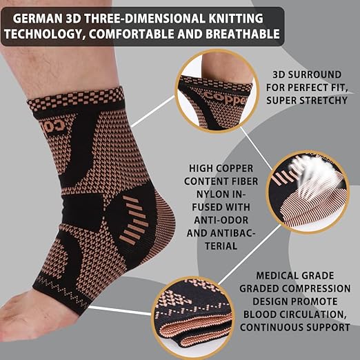 LISEPWU Copper Ankle Brace, Copper Infused Ankle Support Compression Sleeve for Men & Women, for Foot Pain Relief, Sprained Recovery, Achilles Tendonitis, Daytime or Night Use(L)