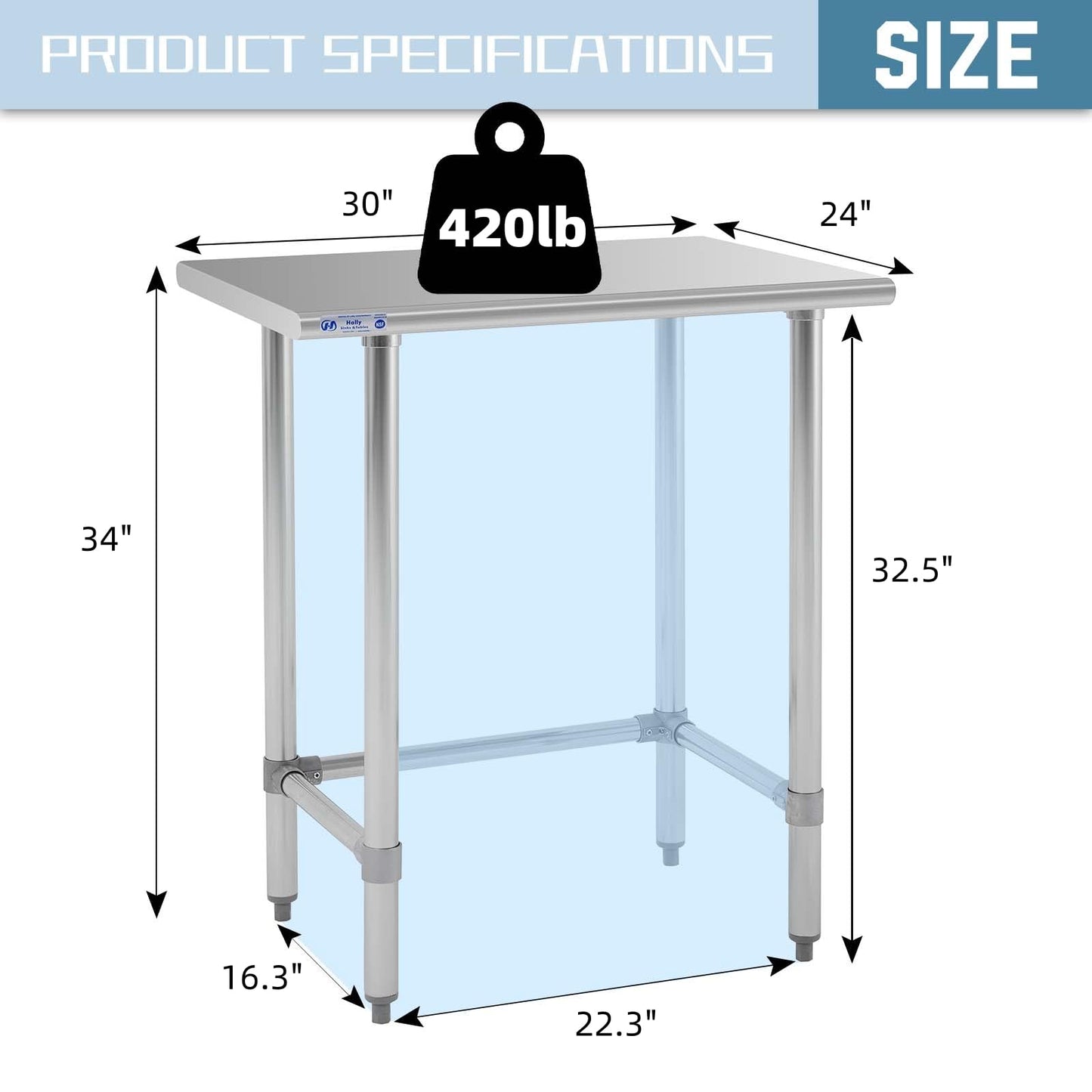 Hally Open Base Stainless Steel Table 24 x 30 Inches, NSF Commercial Heavy Duty Prep & Work Table with Galvanized Legs for Restaurant, Home and Hotel
