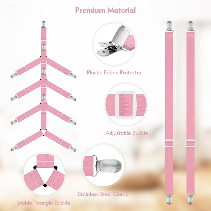 Bed Sheet Holder Straps, 4+2 Pcs Adjustable Mattress Sheet Clips, Bed Sheet Fasteners Elastic Sheet Suspenders to Keep Bed Sheet in Place for Different Beds (Pink)