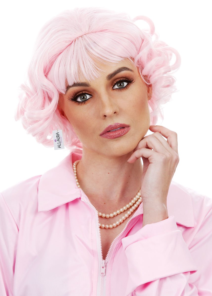 ALLAURA - Pink Frenchie Wig 50's Character Wigs for Pink Ladies Pink Wig - Short Curly Wig Pink Wigs for Women Short Pink Wig