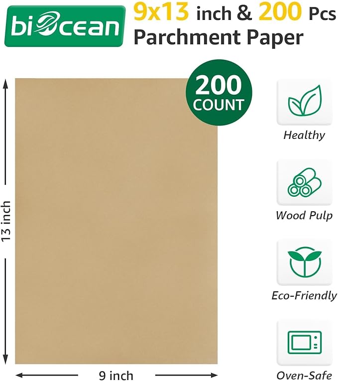 200Pcs 9x13In Unbleached Parchment Paper Sheets Precut Heavy Duty Flat Kitchen Baking Supplies Paper Non-Stick,Non-Toxic Cooking Paper for Air Fryer, Steaming, Oven Make Cup Cake Bread Cookie
