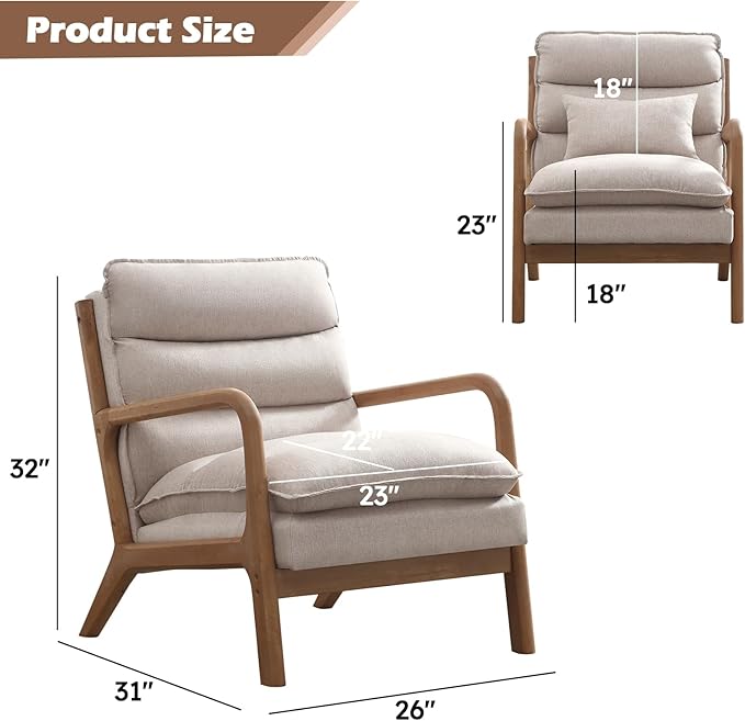 IOMOR Mid Century Modern Accent Chair, Upholstered Lounge Armchair with Plump Back Pillow, Comfy Reading Chair with Solid Wood Frame for Bedroom Living Room Set of 2, Beige