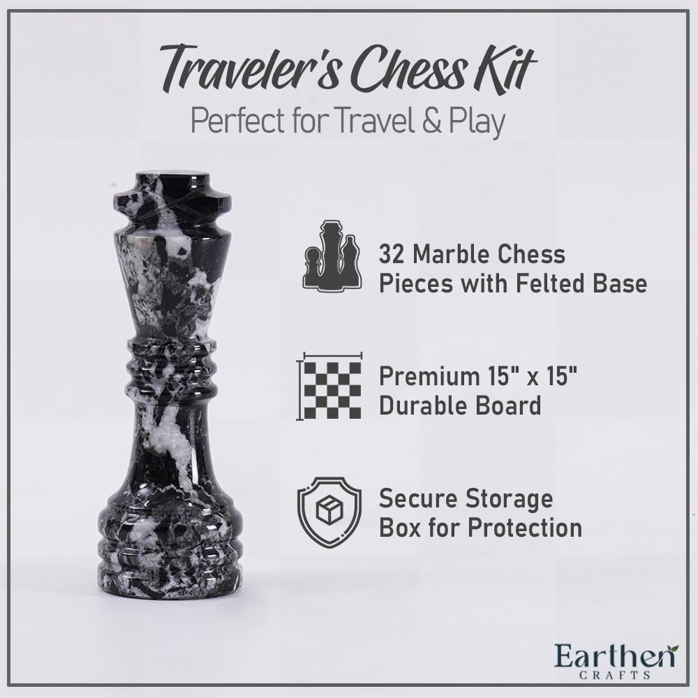Earthen Crafts Marble Chess Set Black & White 15" Inch with Storage Box for Tournament Beginners and Professional Players, Ideal Board Game Set with Chess Pieces for All Ages
