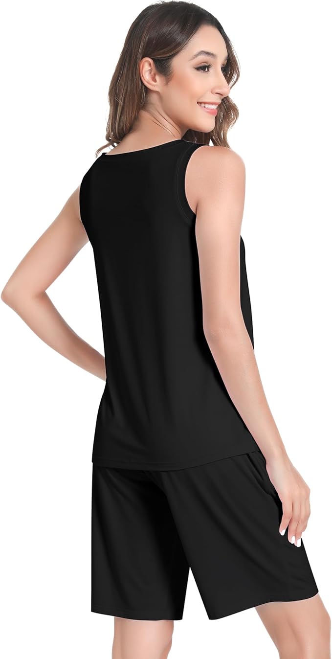 NACHILA Pajamas for Women-Viscose from Bamboo, Ribbed Racerback Tank Top Sexy Split Shorts Pajama Sets Cooling Sleep Cami Pjs