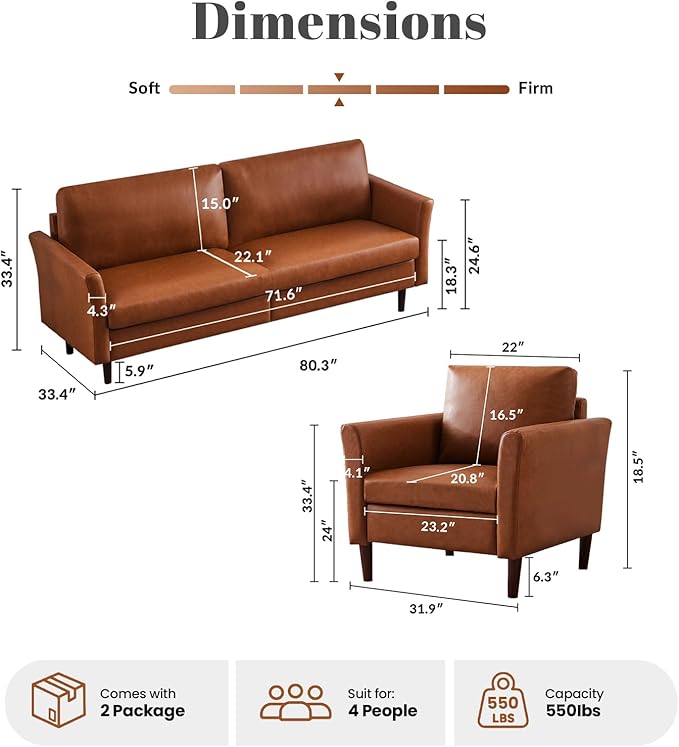 Kingfun Living Room Furniture Sets, 3 Seater Sofa and Armcahir, Mid Century Modern Sofa Set, Faux Leather Couch with Solid Wood Frame for Living Room & Bedroom, Chestnut