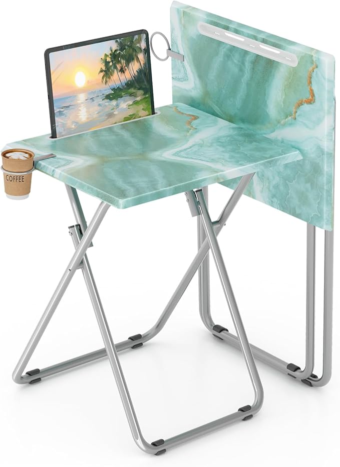 TV Trays Table Set of 2 Portable Folding TV Tray Table TV Dinner Tray with Sturdy MDF, Small Folding Tables with Phone & T...