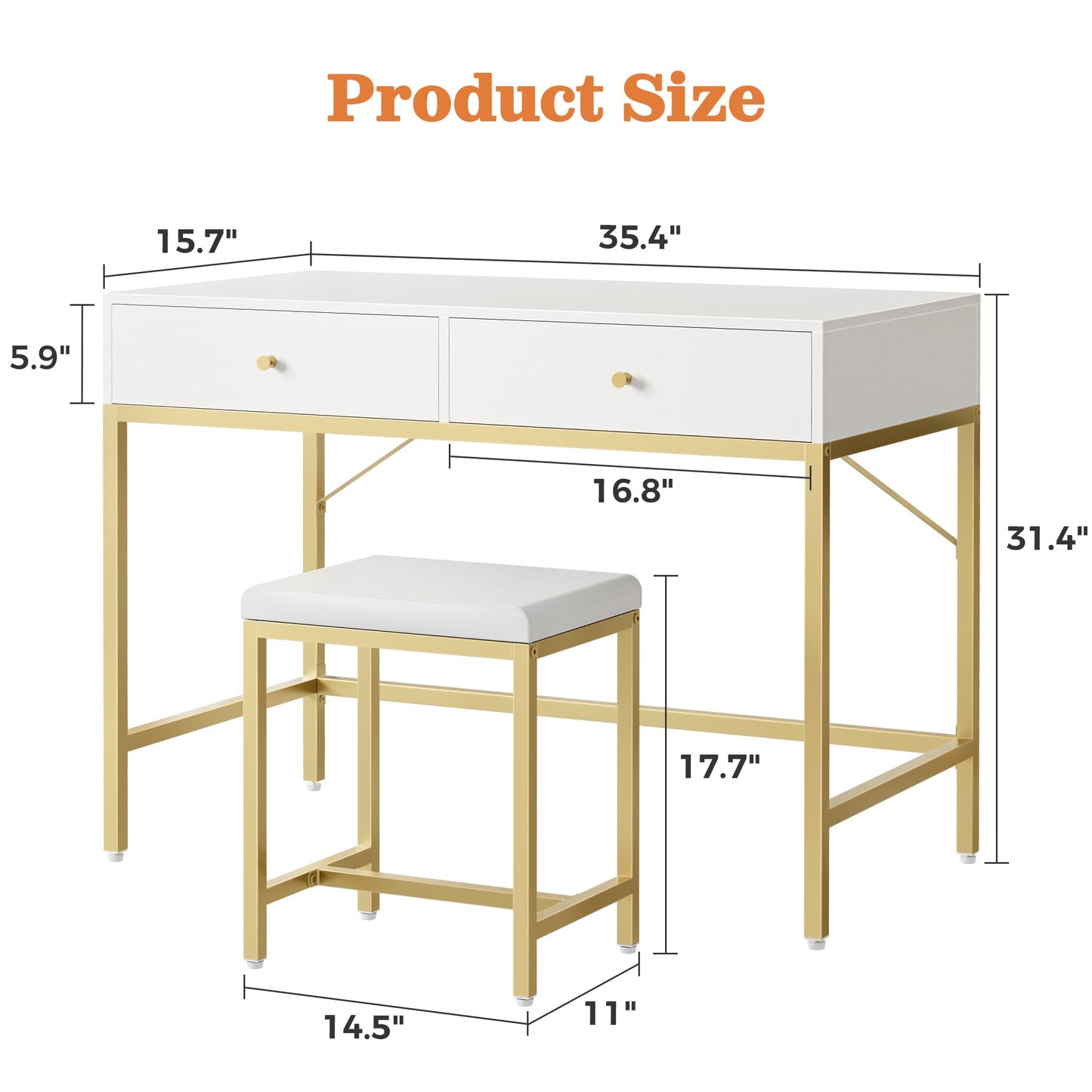 SUPERJARE 35.4" White and Gold Desk with 2 Drawers, Modern Makeup Vanity with Padded Stool, Small Computer Desk Home Office Desk for Writing Study Bedroom
