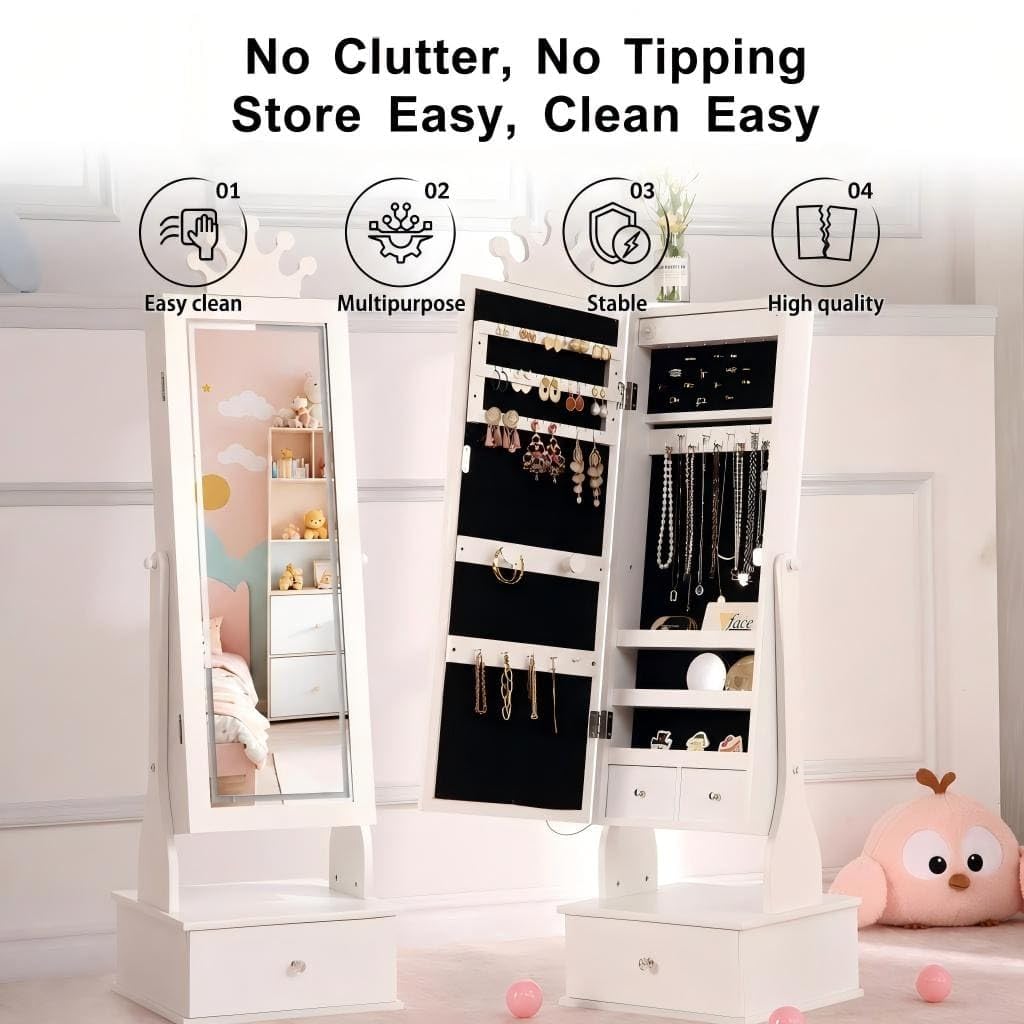 Garvee Kids Jewelry Armoire with Full Length Mirror, LED Lights, Adjustable Angle, Lockable Jewelry Cabinet for Girls, Standing Organizer, Gift for Girls