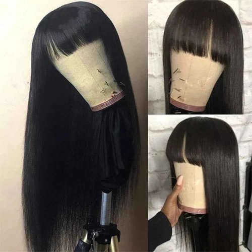 Abijale Straight Wigs Human Hair with Bangs 180% Density Brazilian Virgin Human Hair Wigs Glueless Machine Made Wigs for Women None Lace Front Wigs Natural Color 16 Inch