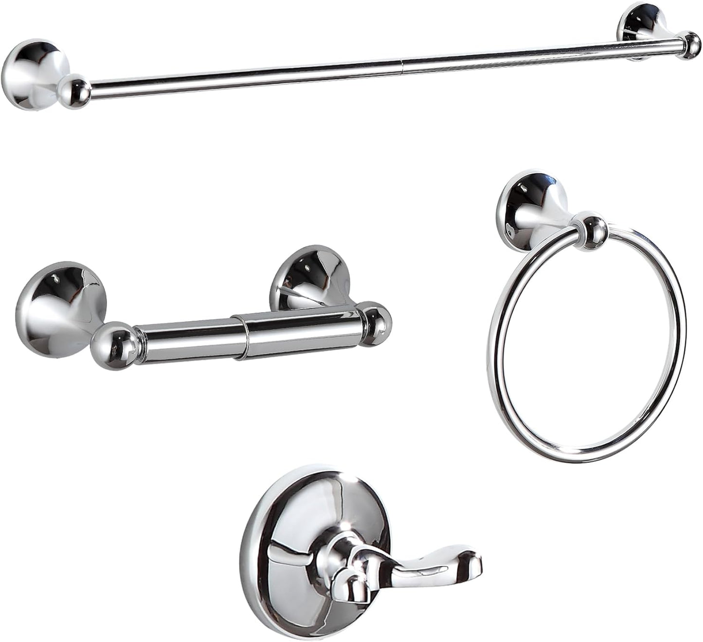 BGL Bathroom Hardware Set, Chrome Adjustable Expandable Towel Bar 4-Piece Bathroom Accessory Set Wall Mounted Robe Hook Toilet Paper Holder Towel Ring Towel Bar
