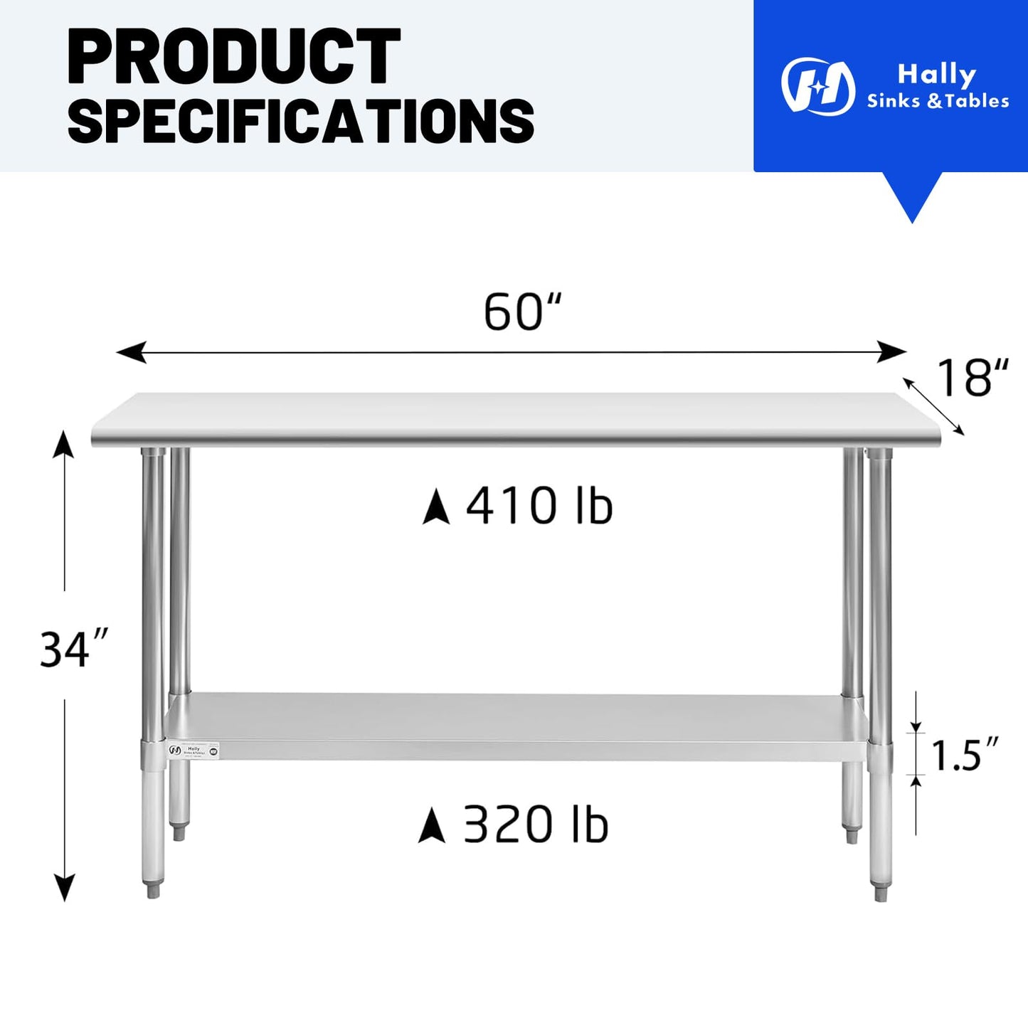 Hally Stainless Steel Table for Prep & Work 18 x 60 Inches, NSF Commercial Heavy Duty Table with Undershelf and Galvanized Legs for Restaurant, Home and Hotel