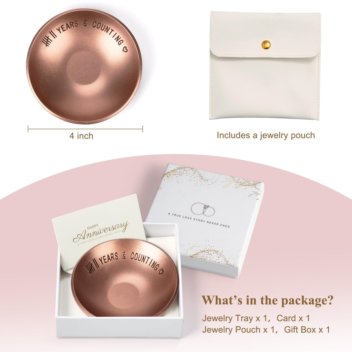 Urllinz 7 Year Anniversary Copper Gifts for Him Her - 7th Anniversary Jewelry Tray for Men Women Wife Husband Couple, Ring Holder Dish & Card & Gift Box, 4"