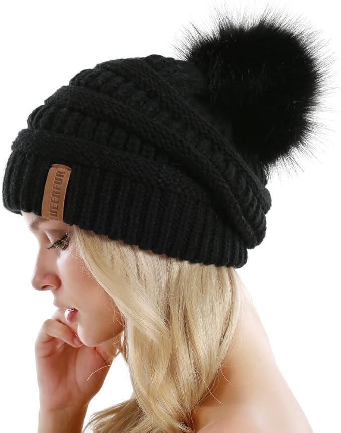 QUEENFUR Women Knit Slouchy Beanie Chunky Baggy Hat with Faux Fur Pompom Winter Soft Warm Ski Cap