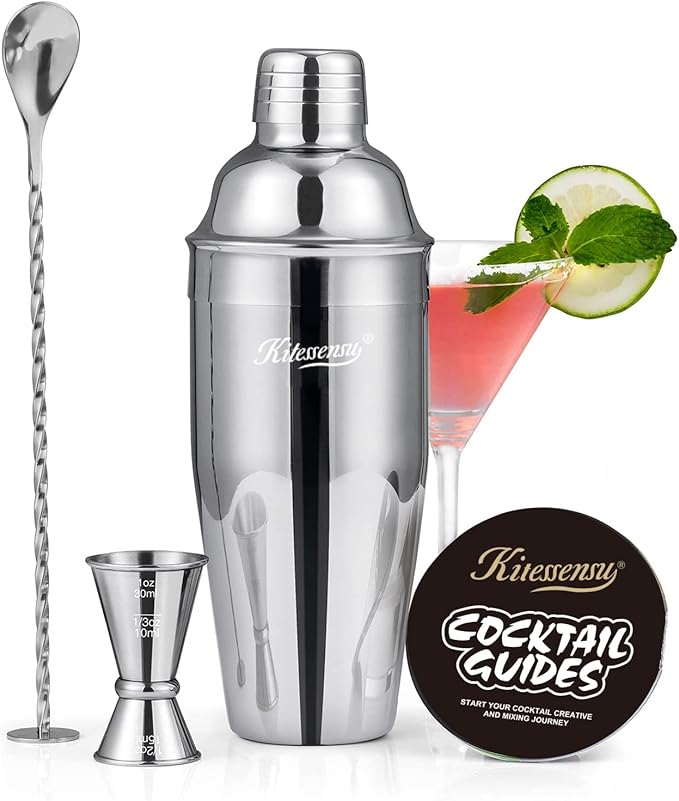 Cocktail Shaker, KITESSENSU 24oz Drink Shaker with Bartender Strainer, Measuring Jigger, Bar Mixing Spoon, Cocktail Recipe...