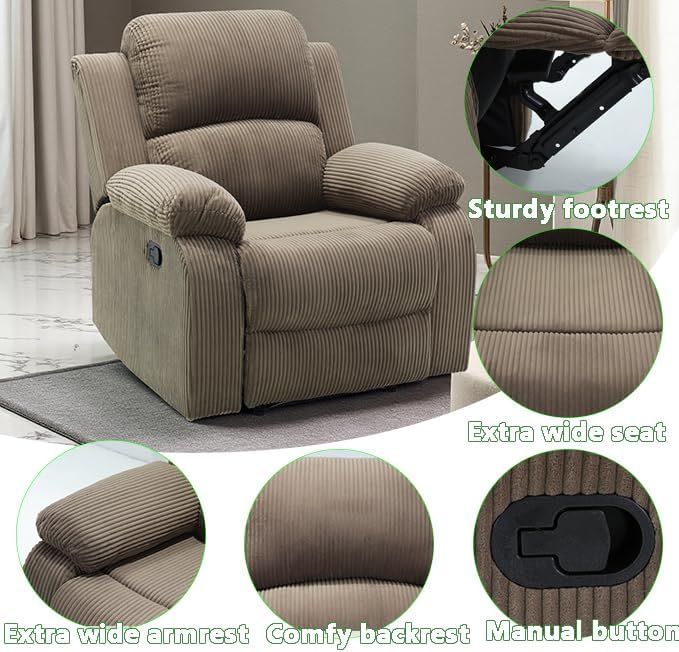 A Ainehome Manual Recliner Sofa Set with Storage, 3 Pieces Living Room Furniture Sets, Corduroy Sofa Sets Reclining Couch Loveseat and Chair Furniture Set for Living Room/Rv/House/Office, Taupe