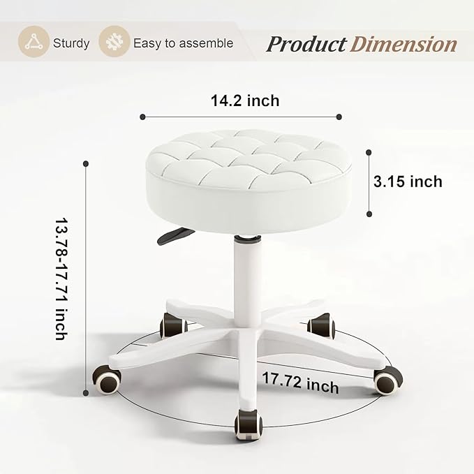 JPBSTO Small Rolling Stool with Wheels, PU Leather Height Adjustable Vanity Work Task Stool, 360 Swivel, Padded Seat Cushion,for Salon, Home, Office