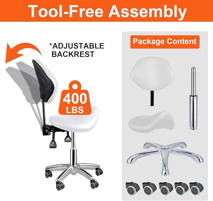 Saddle Stool with Back Support, 400lbs Adjustable Salon with Wheels, Heavy Duty Rolling Ergonomic Rolling Esthetician Seat for Home Office Salon Shop Dentist Clinic, for People 5 ft to5.8 ft Tall