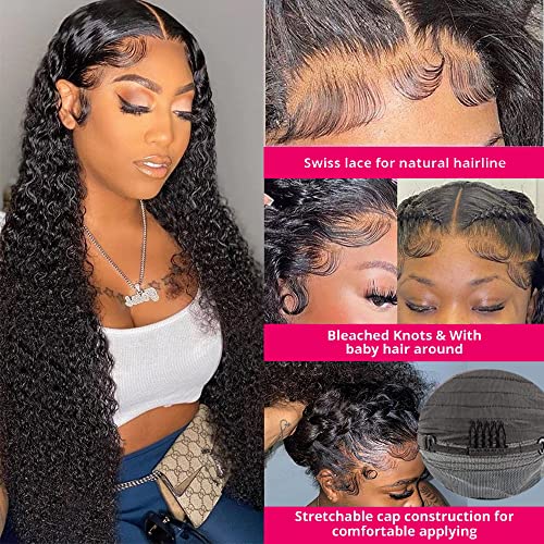 QinMei 13x4 Deep Wave Human Hair Lace Front Wigs for Black Women Brazilian Virgin Human Hair Deep Curly Lace Front Wigs with Baby Hair Pre Plucked Bleached Knots Natural Color 180% Density 20 Inch