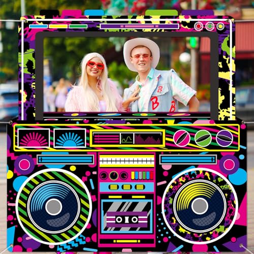Radio Boombox Photo Booth Props for 80s 90s Party Decorations 59 X 59 Inch, Neon Radio Boombox Selfie Frame Backdrop Hangi...