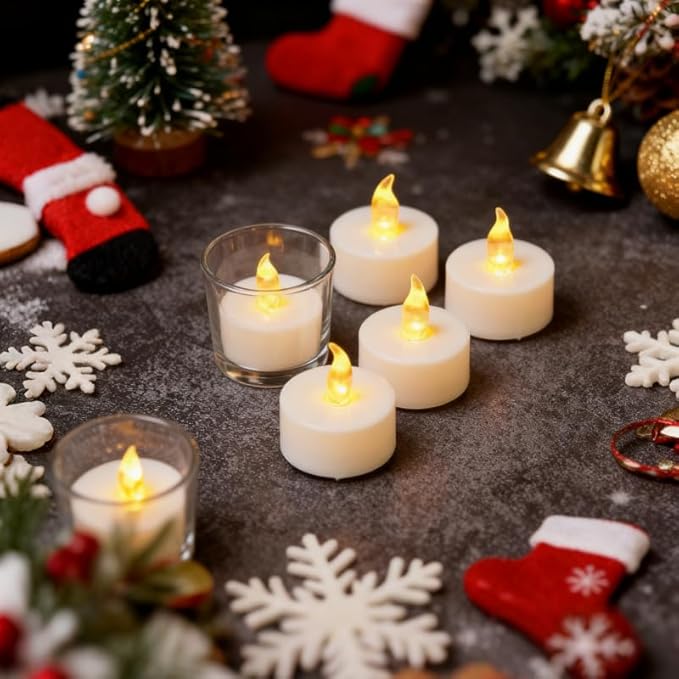 YIWER Battery Tea Lights Candles Set of 24: Flickering flameless Realistic Tealights with Warm Yellow Light Candle Light for Festivals Parties Halloween Warm Atmosphere