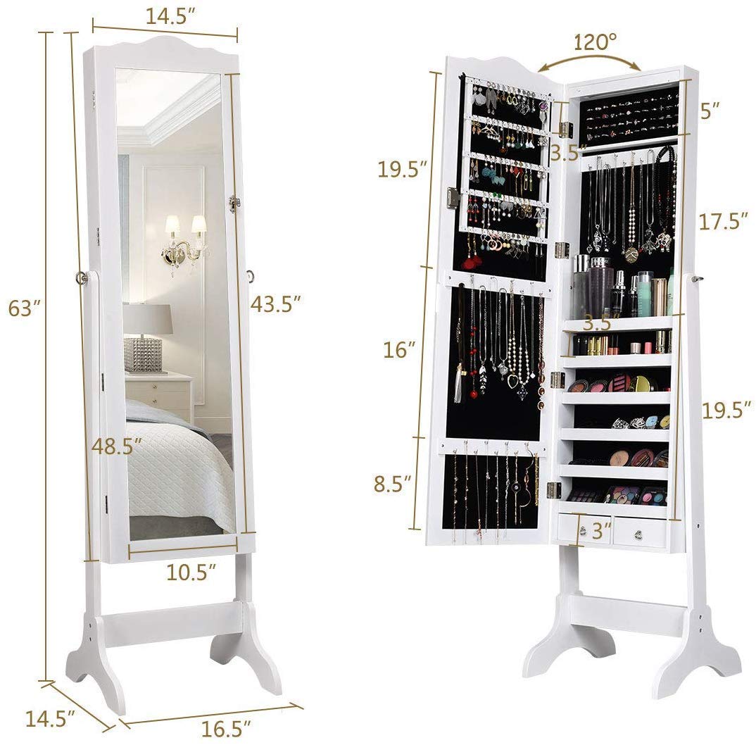 HOMGX (White 14 LEDs Mirror Wood Cabinet, Lockable Standing Armoire with Key, Jewelry Storage Organizer with 2 Drawers and 4 Angles (Jewelry Cabinet)