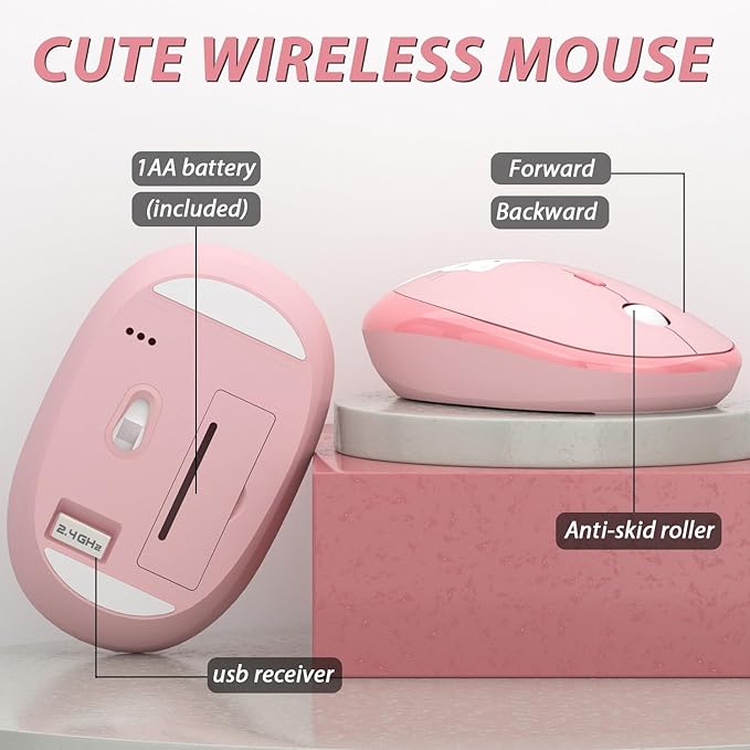 Wireless Keyboard,KOOTOP Cute Colorful 104 Keys Typewriter Retro Round Keycaps Keyboard for PC Laptop,Desktop,Windows, Home and Office Keyboards(Pink)