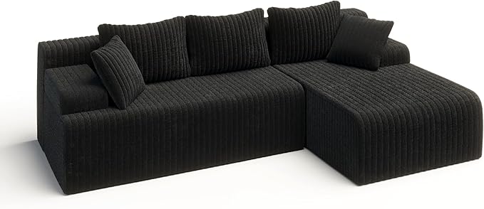 LAUSAINT HOME 96" Modular Sectional Sofa Couches, L-Shaped Boneless Cloud Sofa with 3 Deep Seat, 5 Cushiones Oversized Chaise for Living Room, Bedroom, Plush Corduroy Fabric (Right, Black)