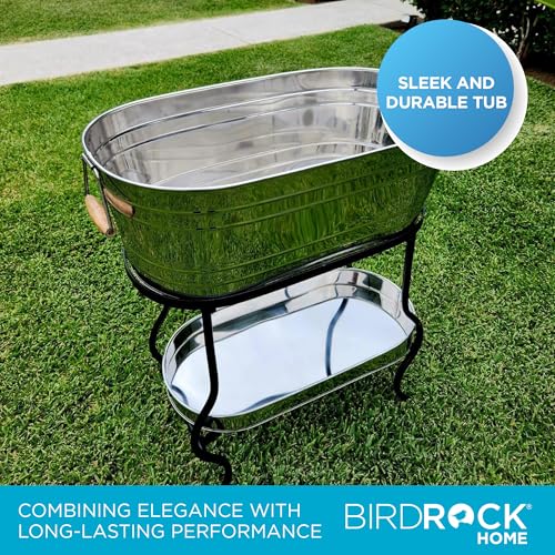 BIRDROCK Home Stainless Steel Beverage Tub with Stand - Bottom Tray - Ice Bucket - Party Drink Holder - Wooden Handles - O...