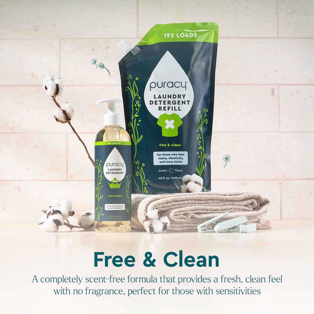Puracy Laundry Detergent Refill - Enzyme-Powered Liquid Detergent Concentrate, Natural Laundry Detergent Seen on TikTok, Non-Toxic (Free & Clear, 48 fl oz, 192 Loads)