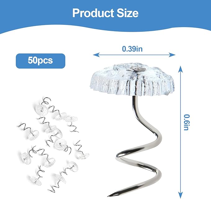 50Pcs Bed Skirt Pins, 10mm Clear Head Twist Pins for Sofa Covers, Upholstery, & Fabric – No-Slip Furniture Fasteners for Sheets, Car Interiors, Garage Insulation