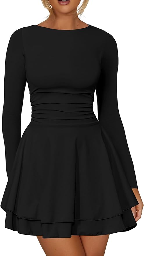 Kaximil Women's Crew Neck Long Sleeve Corset Mini Dress Ruffle Hem Short Party Club Dresses