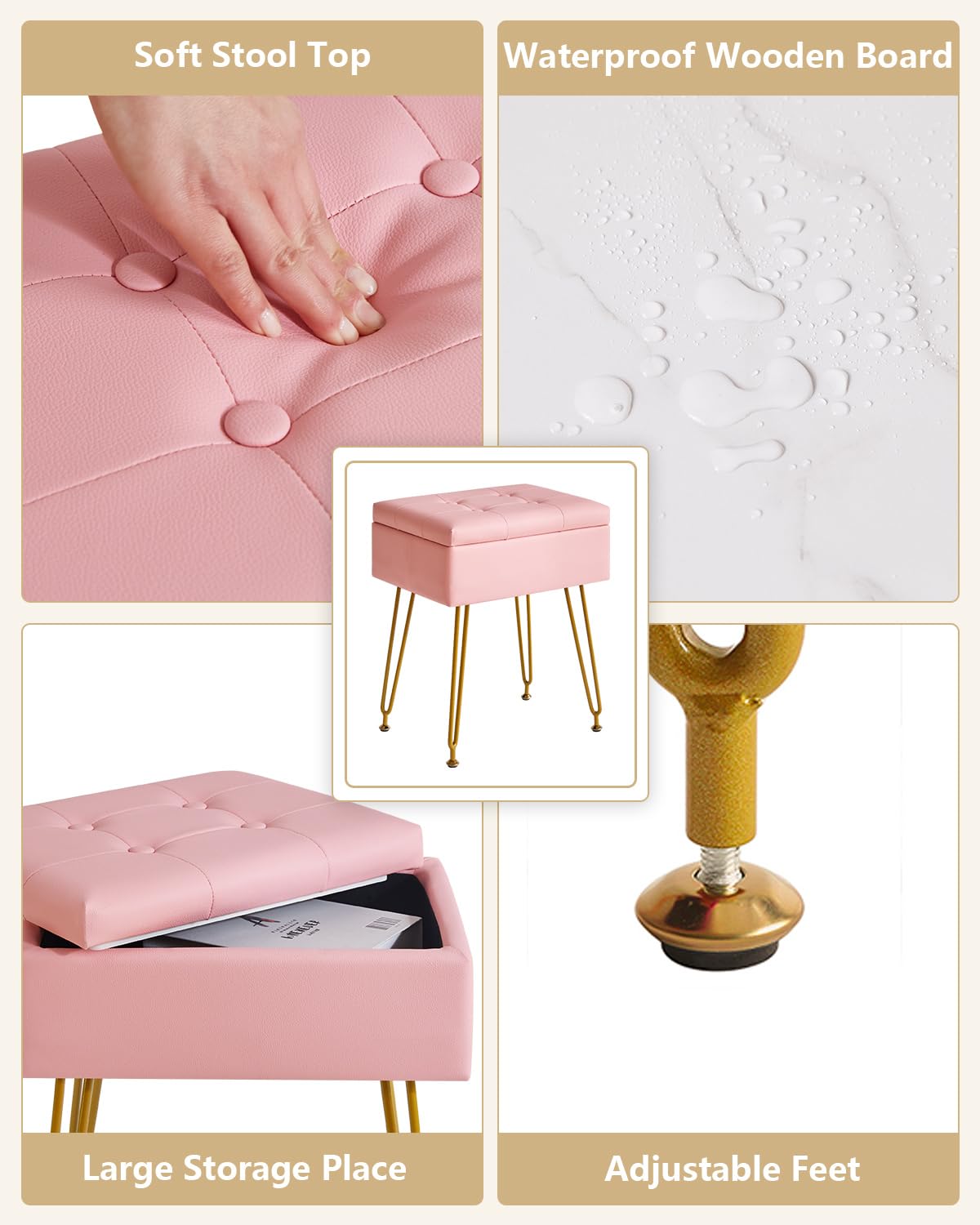 IBUYKE Multifunctional Storage Vanity Stool with Flip Tabletop, Adjustable Metal Legs & PU Leather - 40x30x48cm Ottoman Footrest for Makeup, Living Room, Entryway, Pink WBD014P
