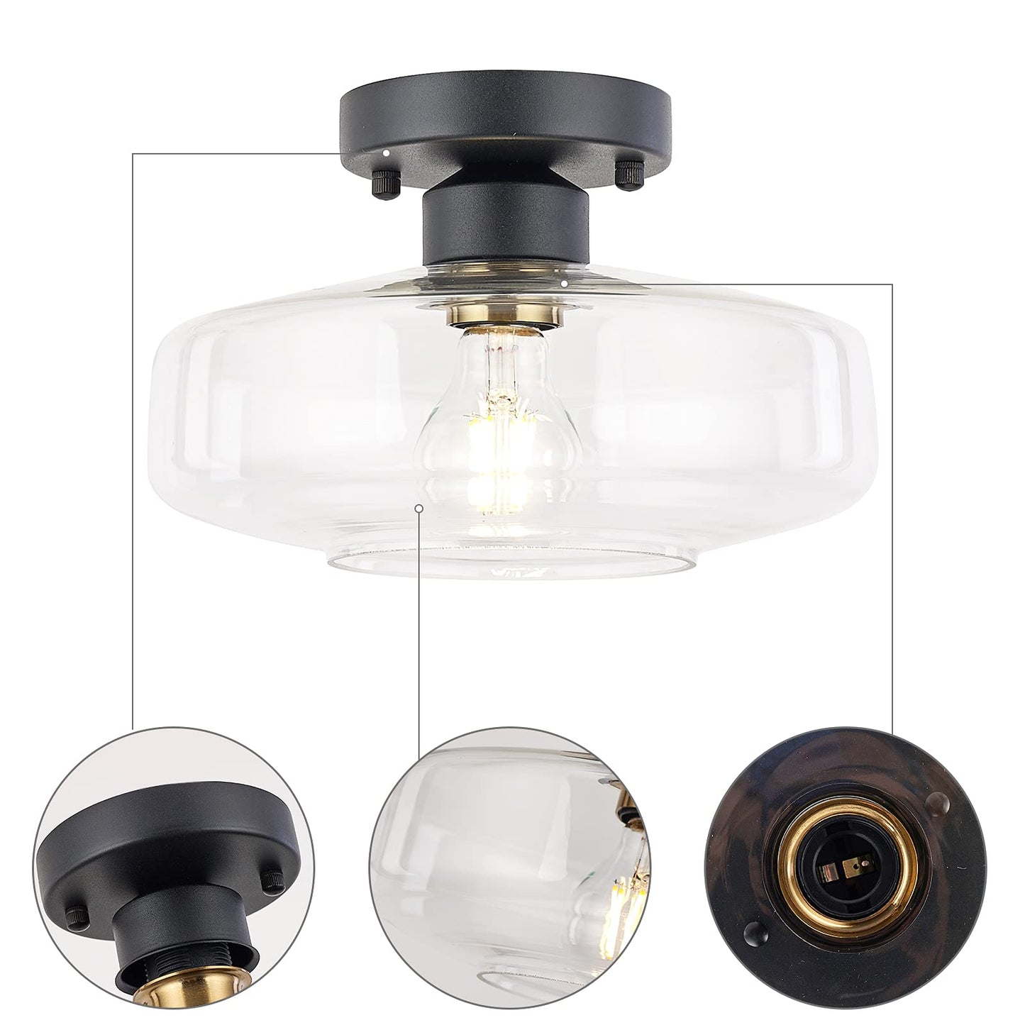 Ceiling Light Fixture with Clear Glass Shade,Matte Black Flush Mount Ceiling Light for Hallway, Entryway,Living Room, Bathroom,Closet