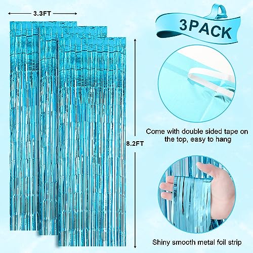 Voircoloria 3 Pack 3.3x8.2 Feet Light Blue Foil Fringe Backdrop Curtains, Tinsel Streamers Birthday Party Decorations, Fri...