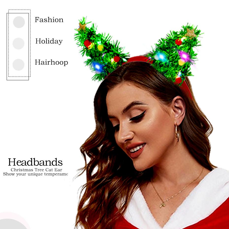 Fdesigner Light Up Christams Headband Green Xmas Hairbands Tinsel Cat Ear Headpiece LED Star Head Bands Holiday Glowing He...