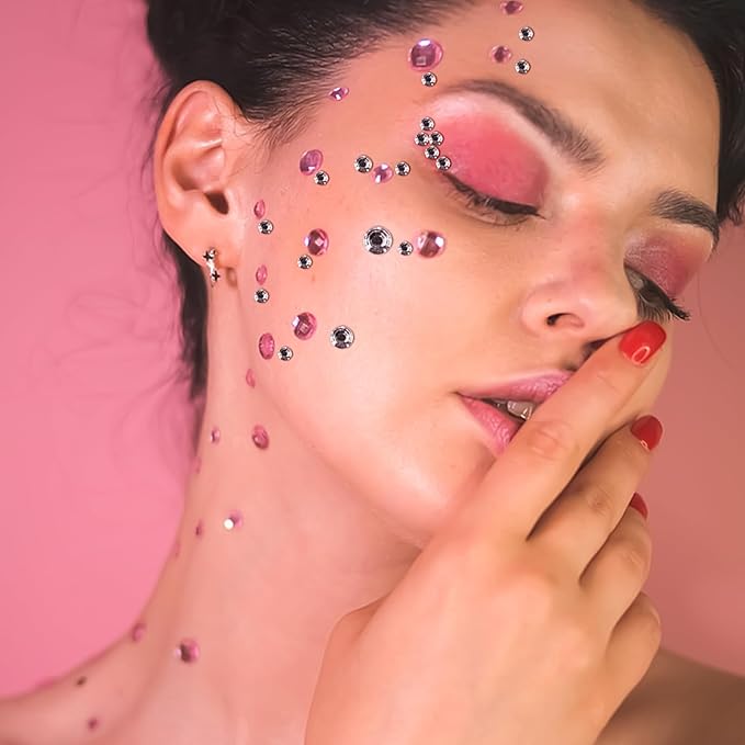 975Pcs Face & Eye Gems -Self Adhesive Rhinestones, 3/4/5/6 mm DIY Face & Body Gems, Craft Pearls (White+Pink)