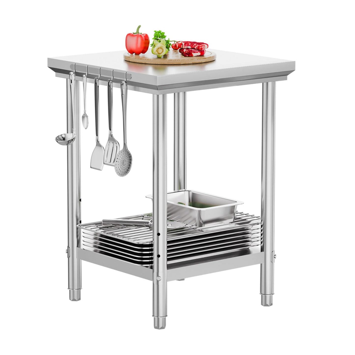 ROVSUN 24 X 24 Inch Stainless Steel Table,Commerical Prep Table for Work, Heavy Duty Metal Table with Hooks & Adjustable UnderShelf for Home Kitchen Restaurant Garage Warehouse Outdoor