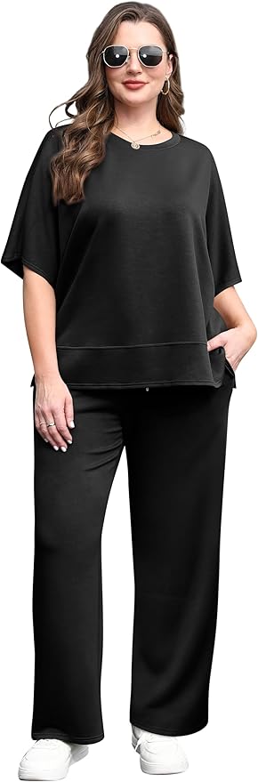 XIEERDUO Women's Side Slit Lounge Sets 2 Piece Travel Outfits Airport Tracksuit Oversized Wide Leg Loungewear S-3XL