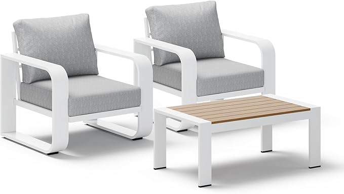 Aluminum Outdoor Sofa Bistro Set, Oversized Patio Conversation Sets Widened Armrest & Ultra-Thick Cushions, Deep Seating Patio Furniture Set for Backyard, Porch, White