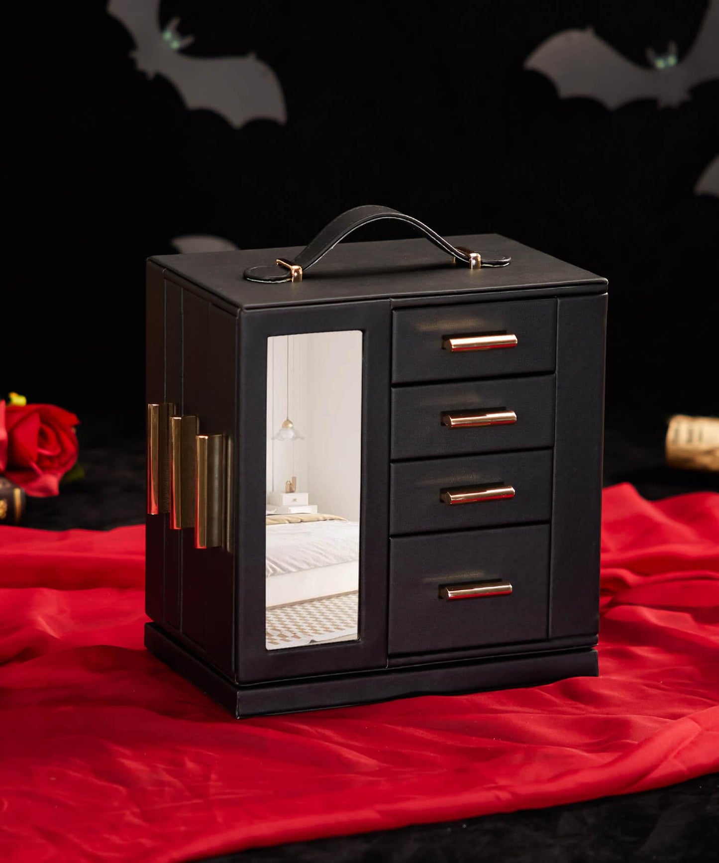 Homde Jewelry Box 360° Rotating, Necklace Earring Organizer with Transparent Window, Mirror, 7 Drawers, Large Ring Display Storage Case for Girls Women (Black + Red)