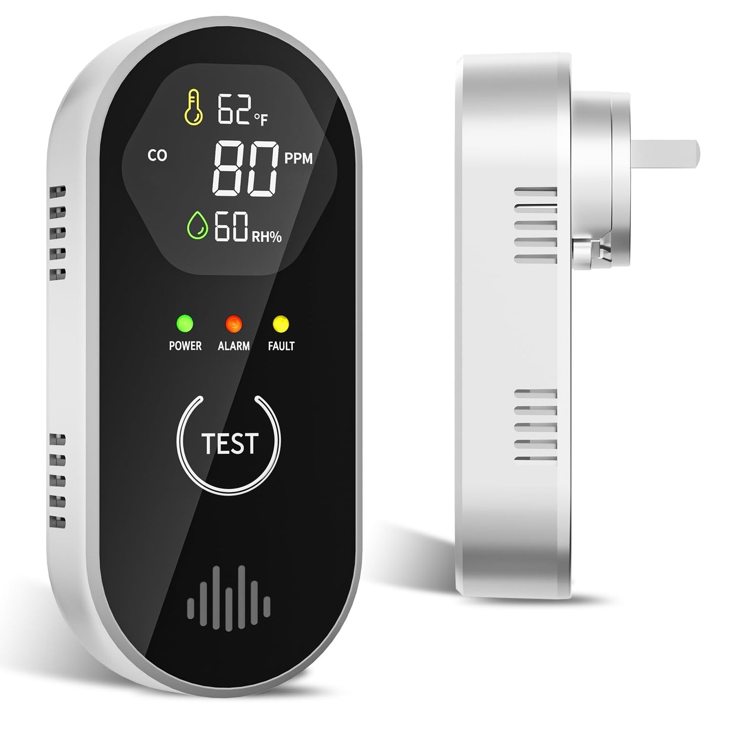 3-in-1 Carbon Monoxide Detectors with Temp & Humid, Plug in, 85dB Audible & Visual CO Alarm, LCD Digital Display, Easy to Install,Test Button, Portable for Bedroom/Office/Camper, Gives Peace of Mind
