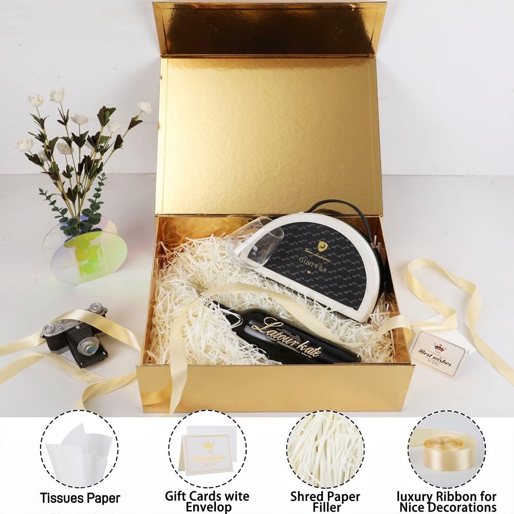 UoeRing 2 Pack Extra Large Gold Gift Box 17x14.5x6 inch Luxury Gift Box for Presents with Magnetic Closure Lid Collapsible,Birthday,Christmas,Contains Card, Ribbon,Tissue Paper,Shredded Paper Filler