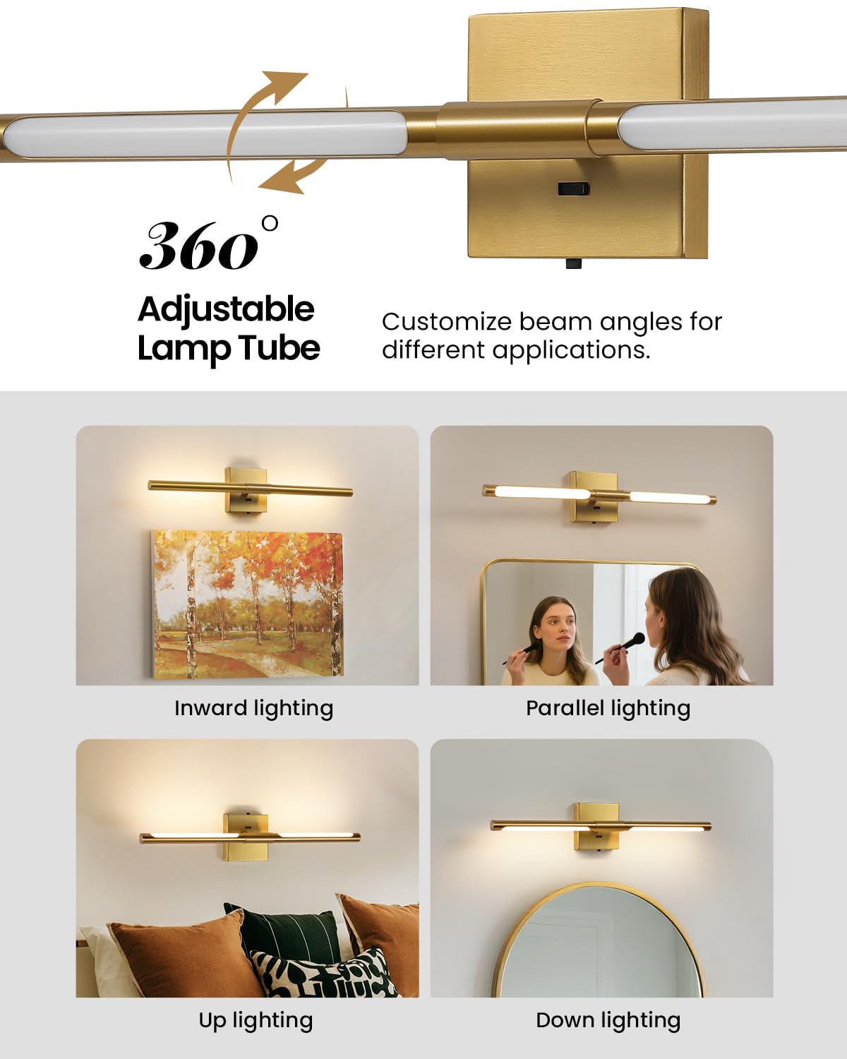 Faziyo Gold Vanity Light Fixtures for Bathroom Over Mirror 24 inch LED Bath Sconces IP44 5CCT Adjustable Morden Picture Lights for Paintings (Built-in Dimmer)