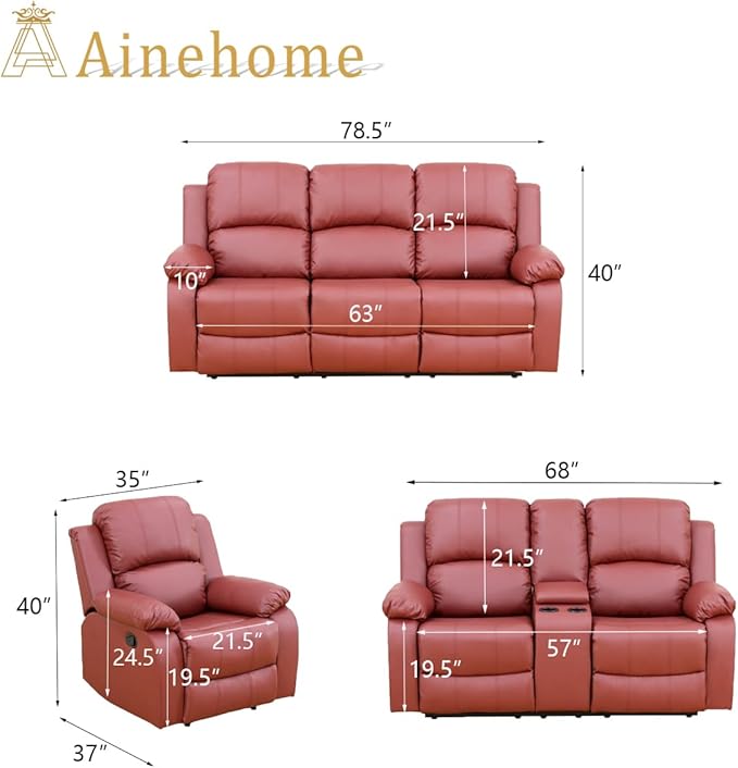 A Ainehome Living Room Furniture Set Leather Recliner Sofa Set Loveseat Chair Furniture Sofa Set for Living Room/Small Space/Rv/House/Office/Theater Seating (A-Red Leather, 3 Piece Set)
