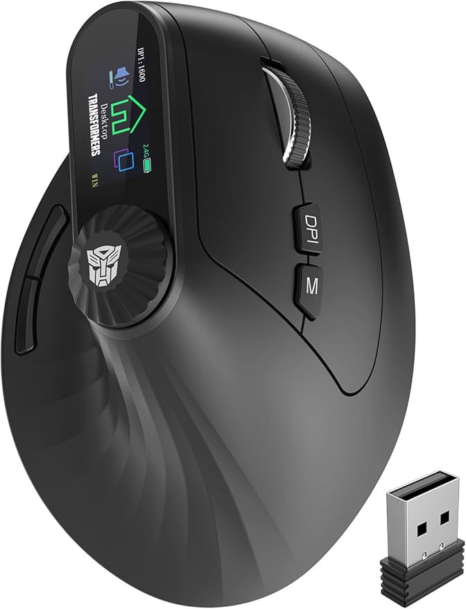 Transformers Vertical Ergonomic Mouse with LED Screen & Knob Control, Rechargeable Vertical Mouse Wireless, 3-Device Conne...