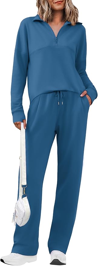 Totatuit Womens Sweatsuits 2 piece Set Lapel Half Zip Lightweight Sweatshirts and Wide Leg Pants Tracksuit Lounge Sets