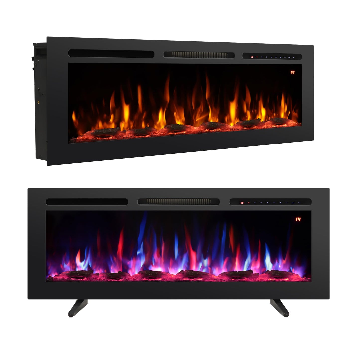 Rodalflame 48" Electric Fireplace Inserts, Adjustable Flame&Speed, Thermostat Heater, Recessed, Wall Mount, Freestanding, Brightness, Child Lock, Timer
