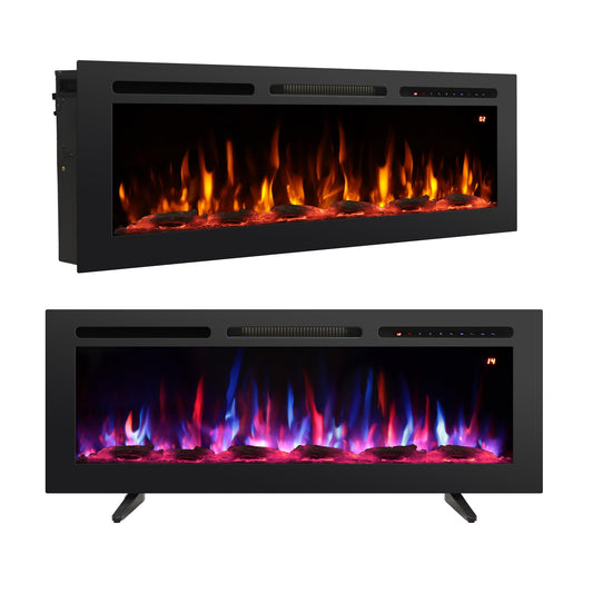 Rodalflame 48" Electric Fireplace Inserts, Adjustable Flame&Speed, Thermostat Heater, Recessed, Wall Mount, Freestanding, Brightness, Child Lock, Timer