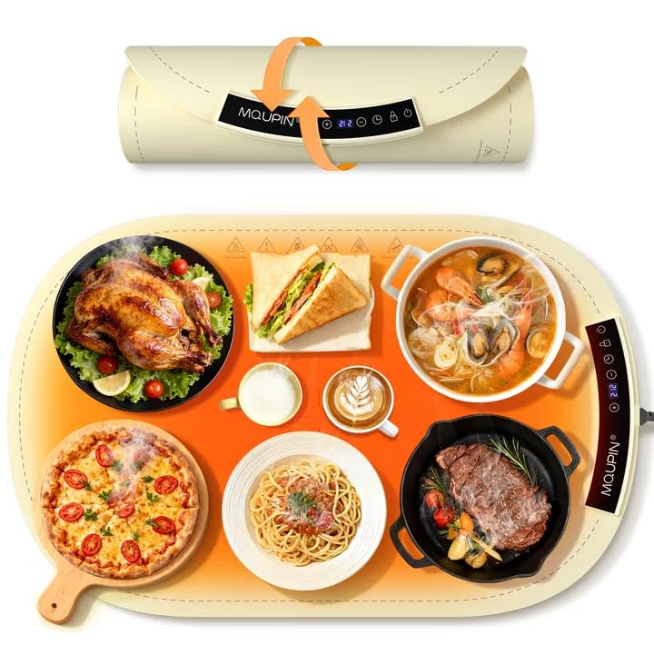 Warming Mat for Food, MQUPIN Food Warming Mat with 7 Temp Settings 1-4 H Timer and Child Safety Lock, Full Surface Heating Roll Up Electric Warming Tray for Gatherings,Parties,Buffet,Daily Use（Beige）